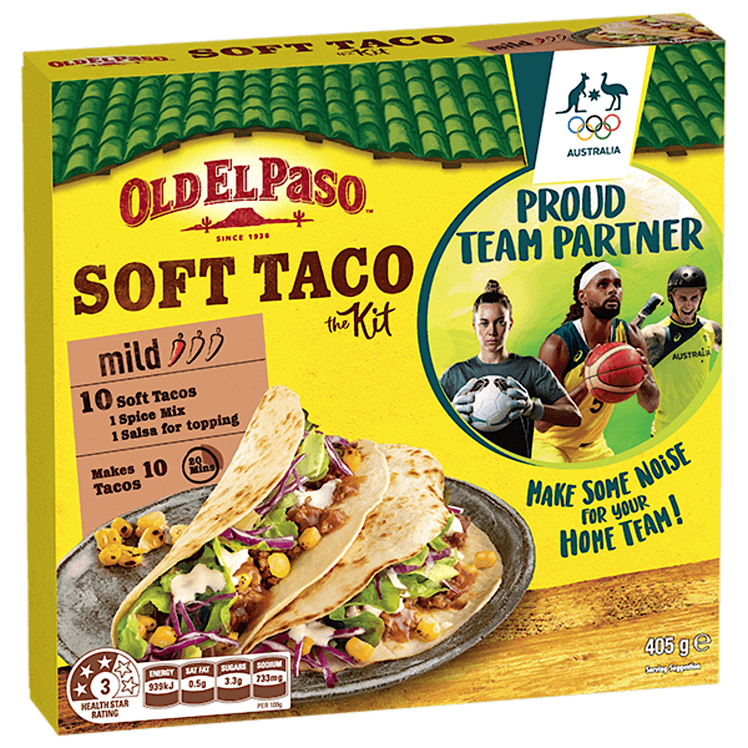 a pack of Old El Paso's mild soft taco kit containing soft tacos, spice mix & salsa for topping (405g)